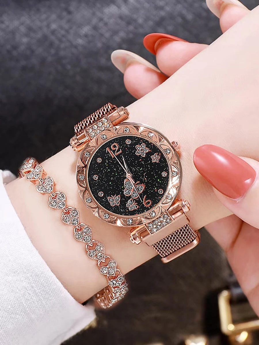 1pc Magnetic Buckle Round Quartz Watch For Women & 1pc Heart Shaped Bracelet Valentines