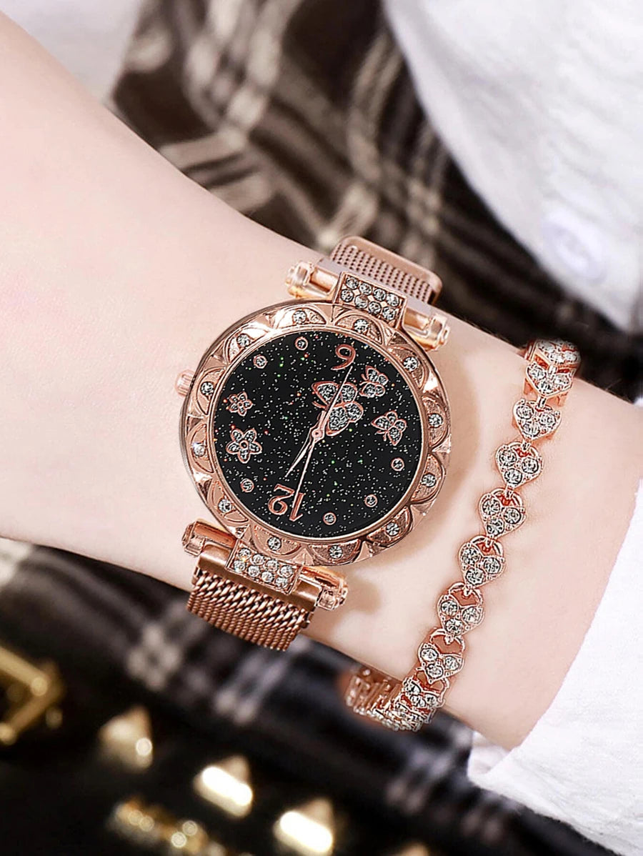 1pc Magnetic Buckle Round Quartz Watch For Women & 1pc Heart Shaped Bracelet Valentines