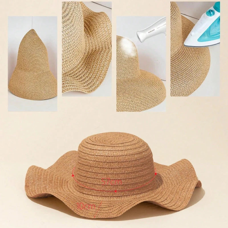 1pc Ladies' Khaki Wave Striped Bowknot Beach Hat, Boho Shell Hollow Elegant and Sun-Protected