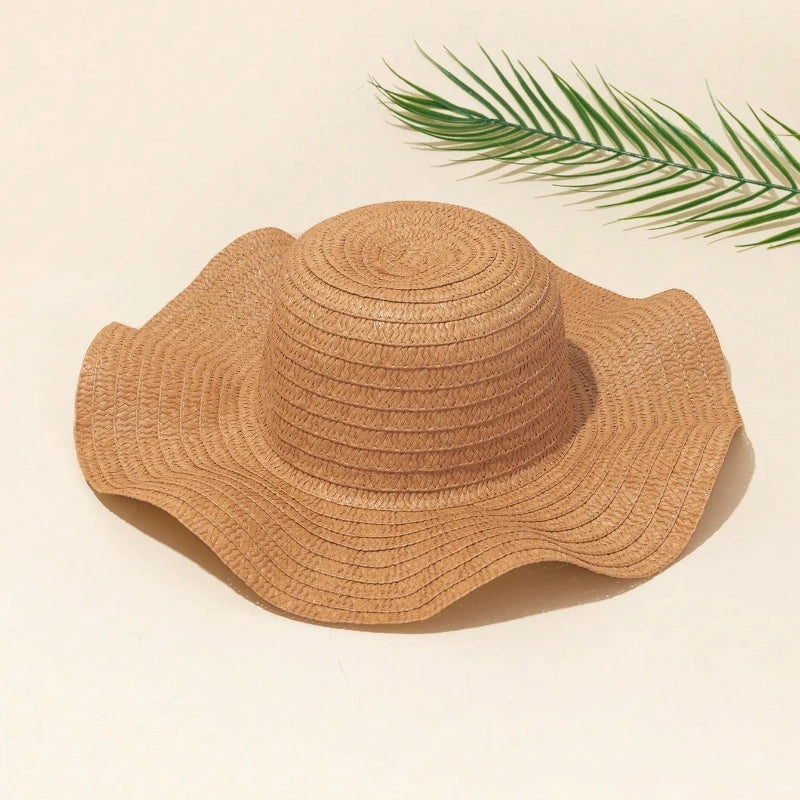 1pc Ladies' Khaki Wave Striped Bowknot Beach Hat, Boho Shell Hollow Elegant and Sun-Protected