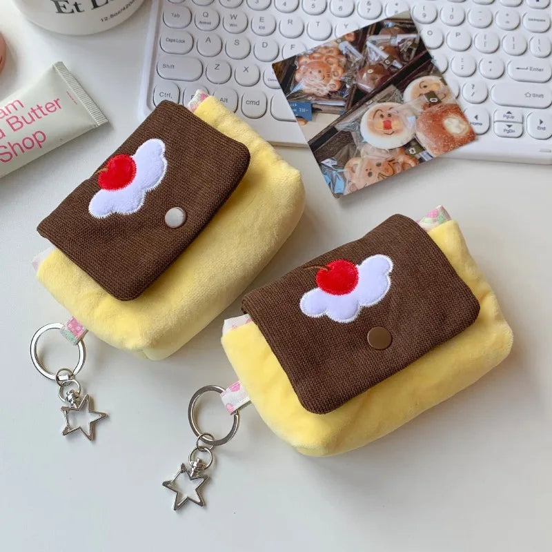 Multifunctional Small Pouch for Girls Cute Cherry Pudding Plush Coin Purse Mini Cartoon Portable Wallet for Cards Earphones Case