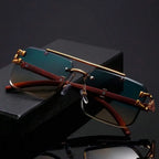 Retro Double Bridge Rimless Sunglasses With Wood Texture And Gold Tone Decoration mbzr