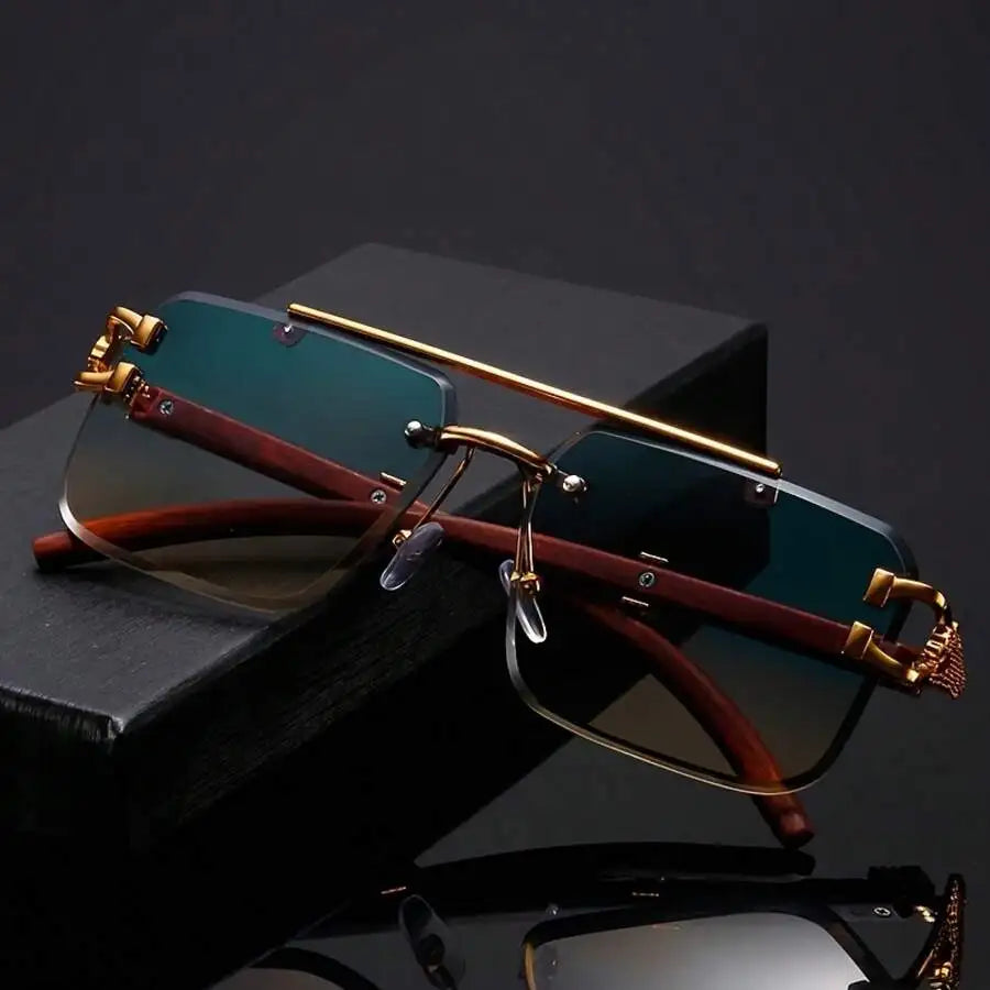 Retro Double Bridge Rimless Sunglasses With Wood Texture And Gold Tone Decoration mbzr