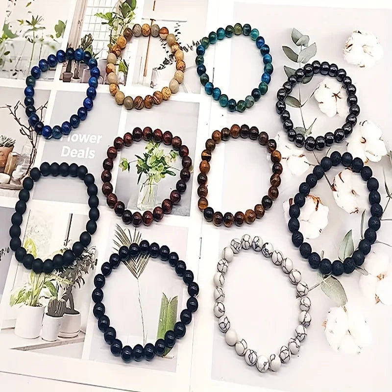 10pcs Set 8Mm Bracelet Round Beaded Bracelet Men And Women Stone Crystal Stone Natural Stone Stretch Beaded Bracelet Unisex, Suitable for Men And Women Holiday Gift Simple Gift