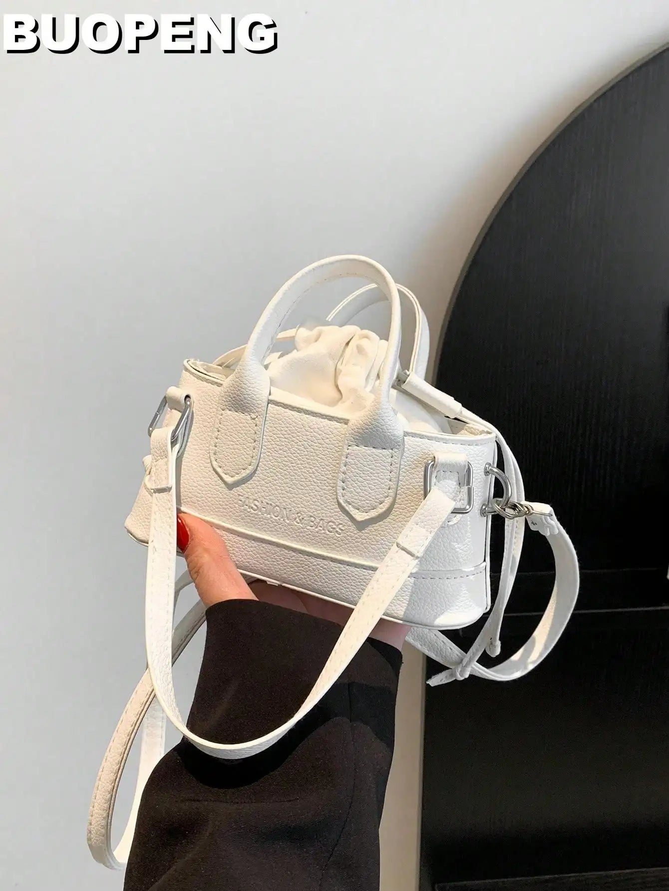 Mini Silver Croc-Embossed Top Handle Bag with Drawstring Closure