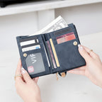 Retro double  fold PU leather short wallet with zipper coin pocket  multiple card slots and wrist band casual portable card clip mbzr