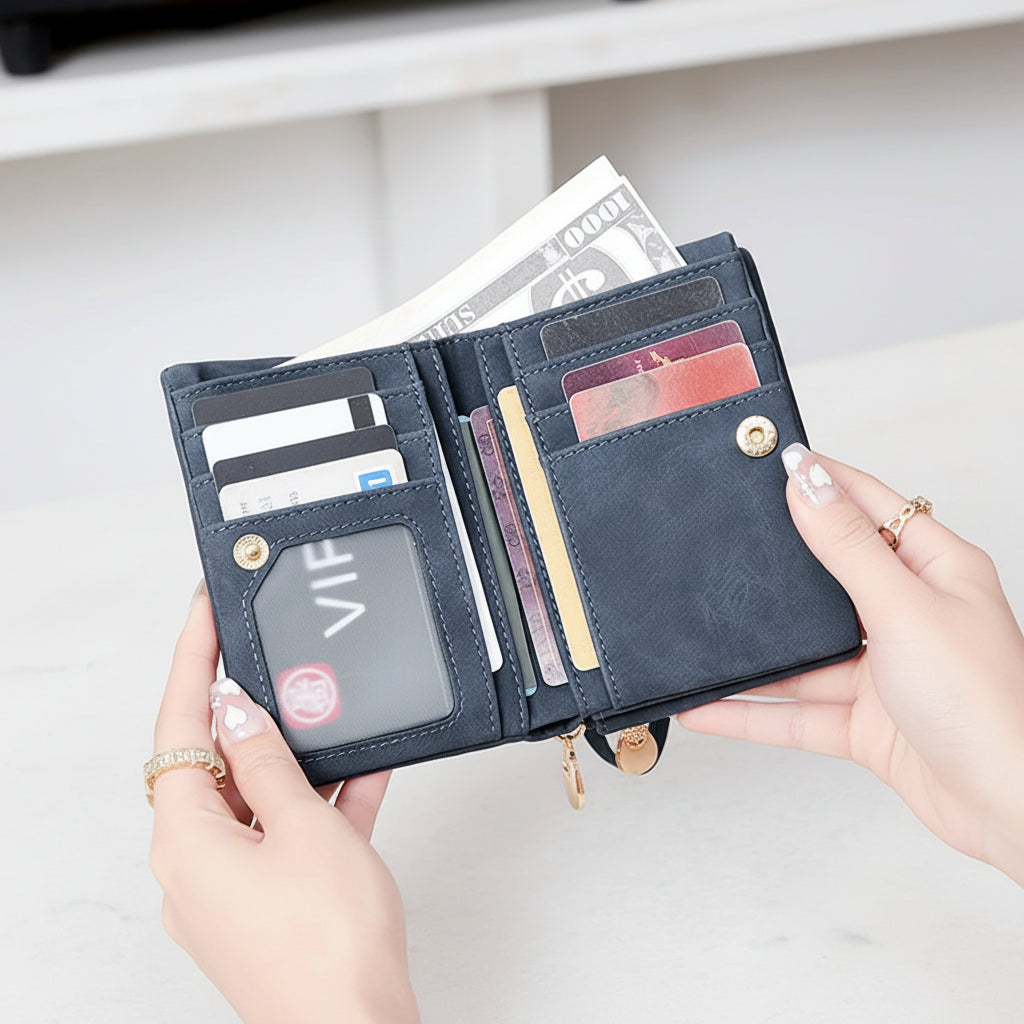 Retro double  fold PU leather short wallet with zipper coin pocket  multiple card slots and wrist band casual portable card clip mbzr