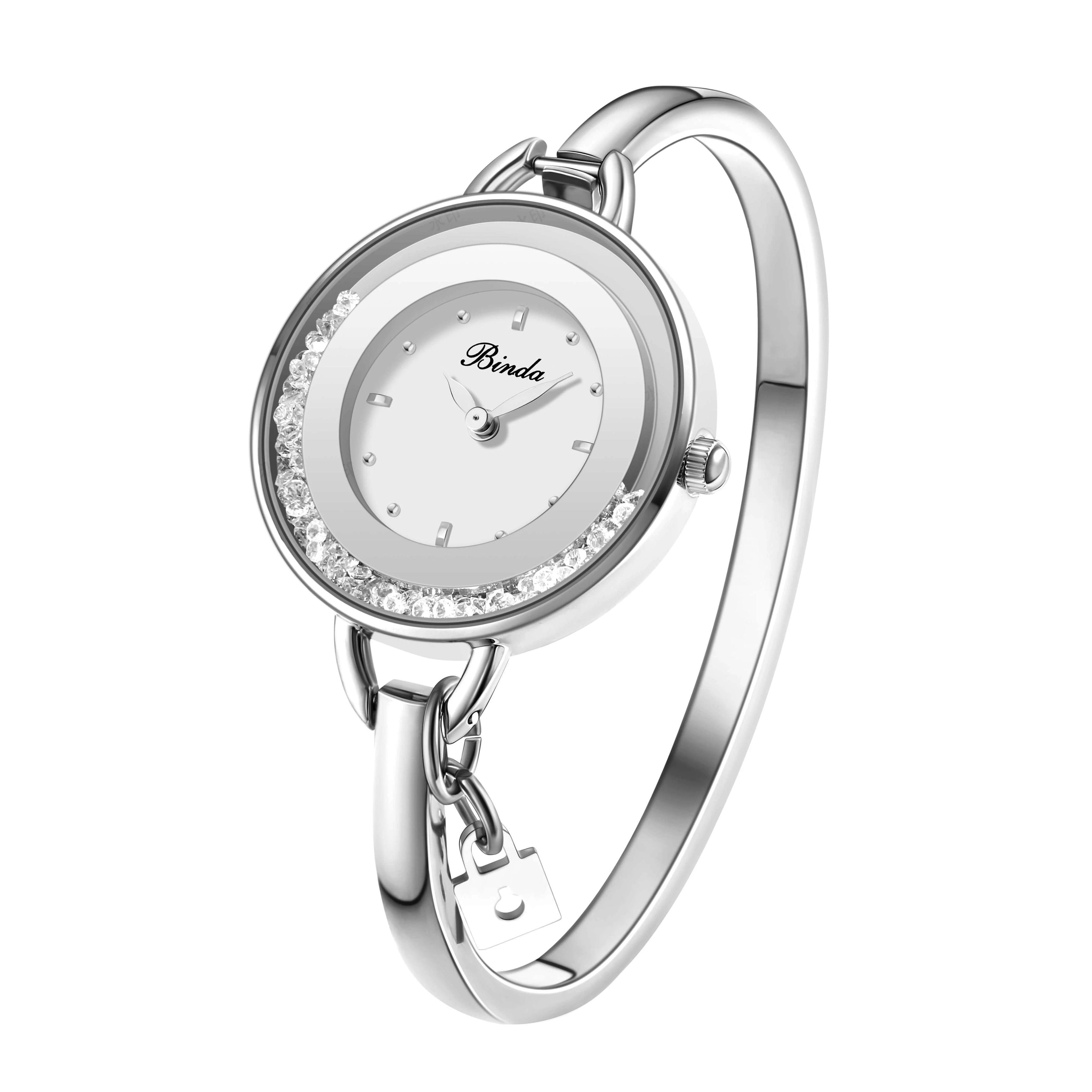 BINDA Elegant Quartz Watch Rainbow Gold Stainless Steel Bracelet Round Delicate Dial mbzr