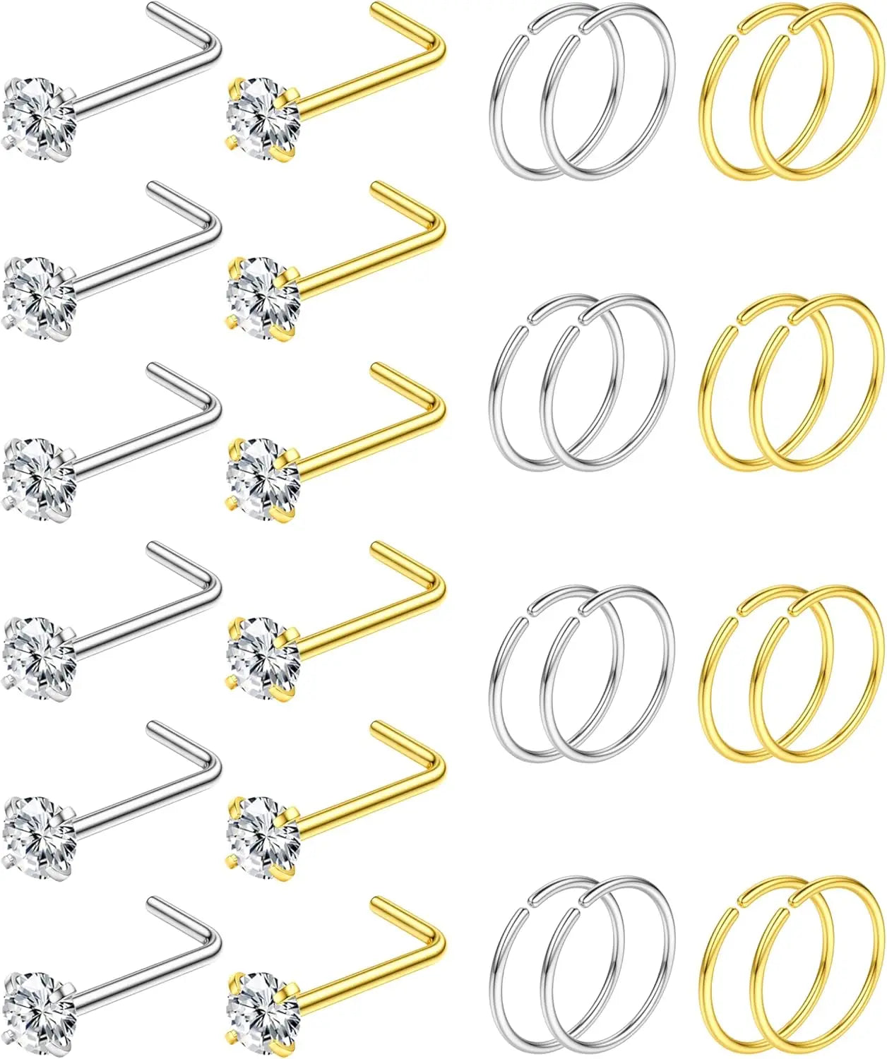 28PCS 316L Stainless Steel Nose Rings Hoops Studs for Women Men CZ L Shaped CZ Nose Stud Hoop Nostril Piercings Jewelry Set mbzr