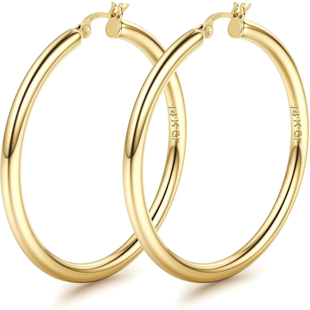 14K Chunky Gold Plated Hoop Earrings for Women 925 Sterling Silver Post Hollow Tube Hoops Earrings 4mm Thick Hoop Earrings Hypoallergenic Lightweight Gold Big Large Hoop Earrings 25/30/40/50/60/70MM