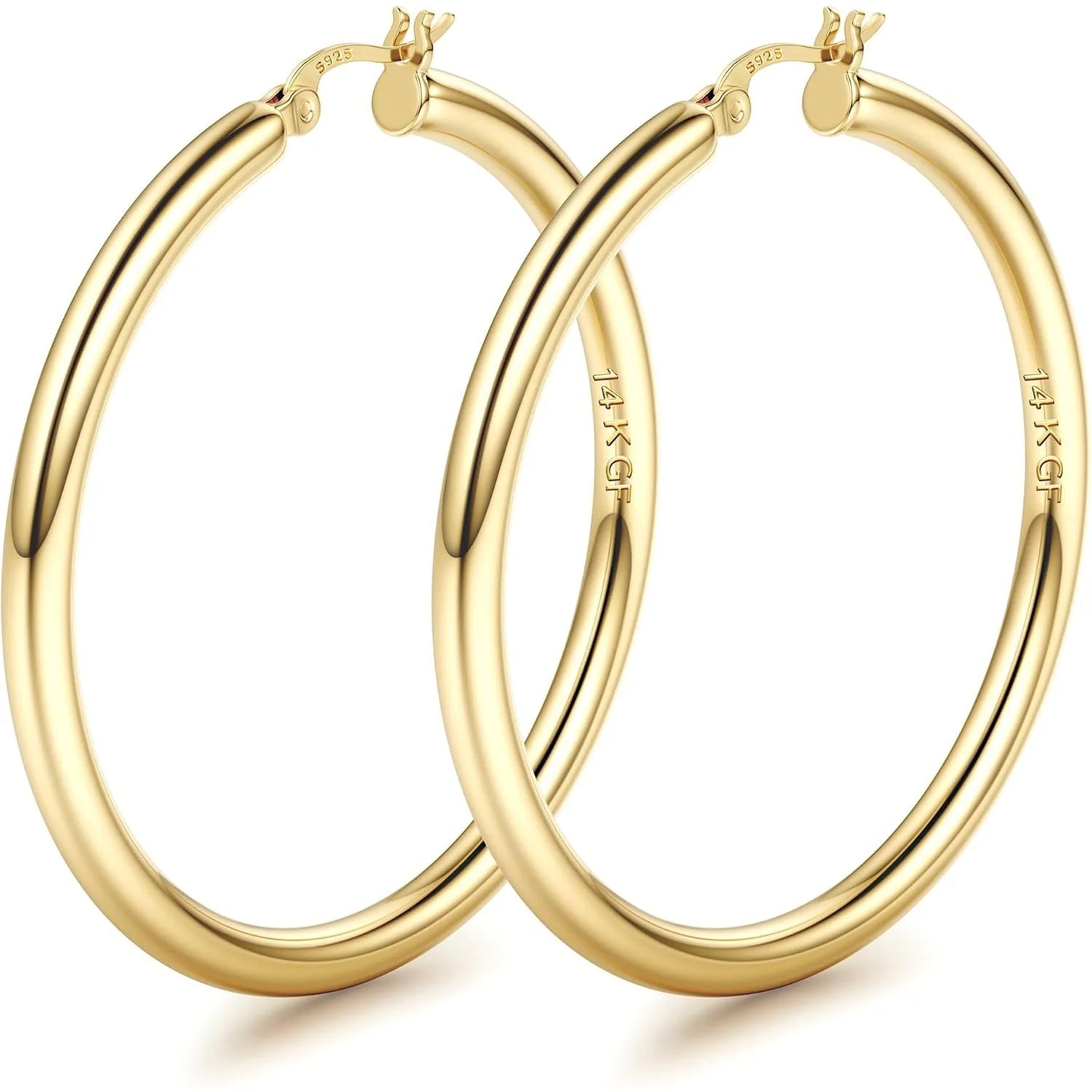14K Chunky Gold Plated Hoop Earrings for Women 925 Sterling Silver Post Hollow Tube Hoops Earrings 4mm Thick Hoop Earrings Hypoallergenic Lightweight Gold Big Large Hoop Earrings 25/30/40/50/60/70MM
