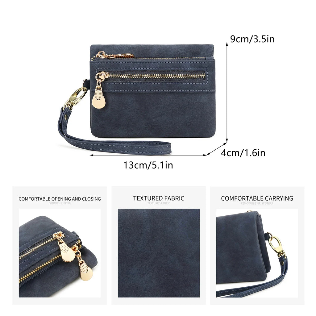 Retro double  fold PU leather short wallet with zipper coin pocket  multiple card slots and wrist band casual portable card clip mbzr