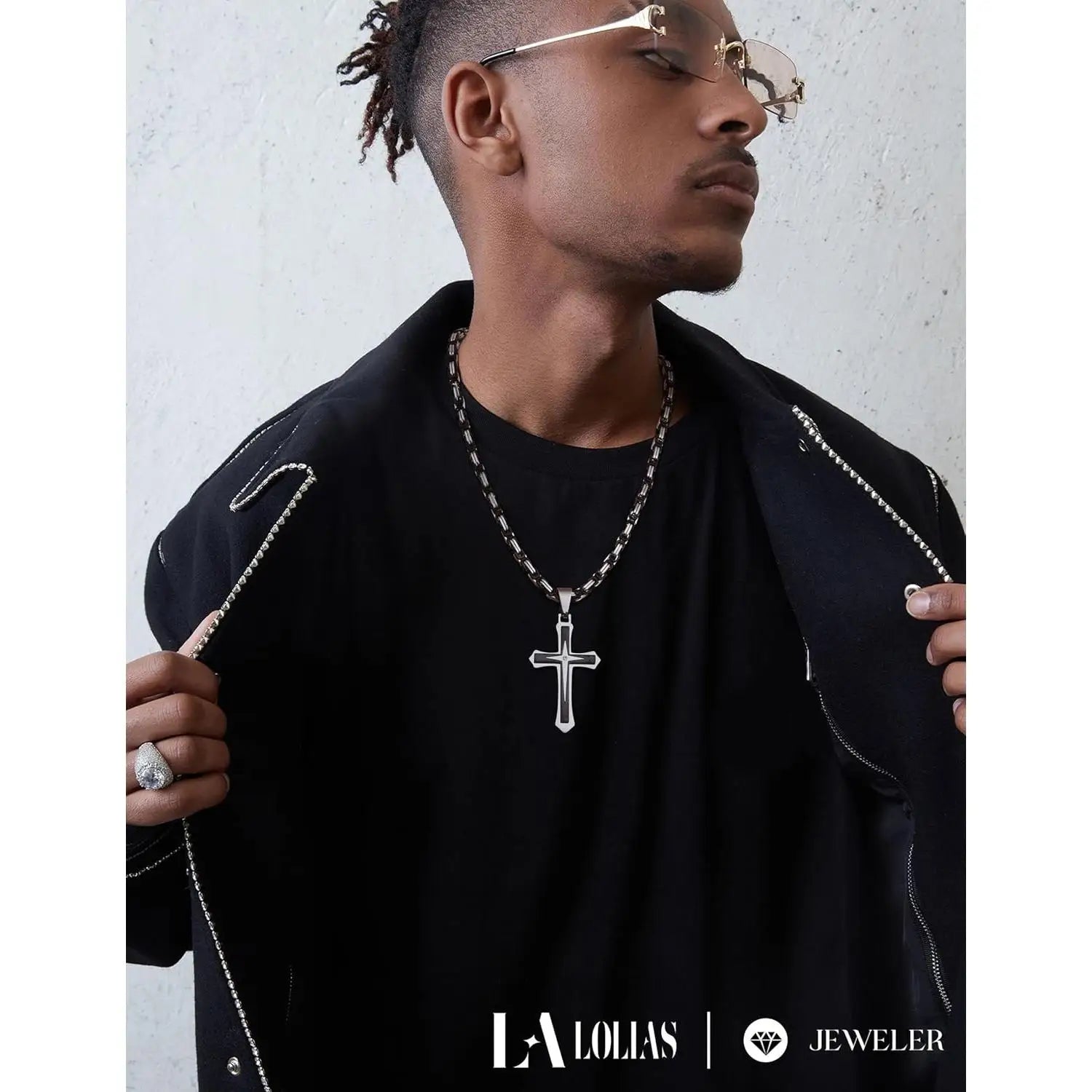 Black 14K Gold Plated Cross Necklace for Men Stainless Steel Byzantine Chain With Cross Pendant Necklace Mens Gifts 22-30Inch