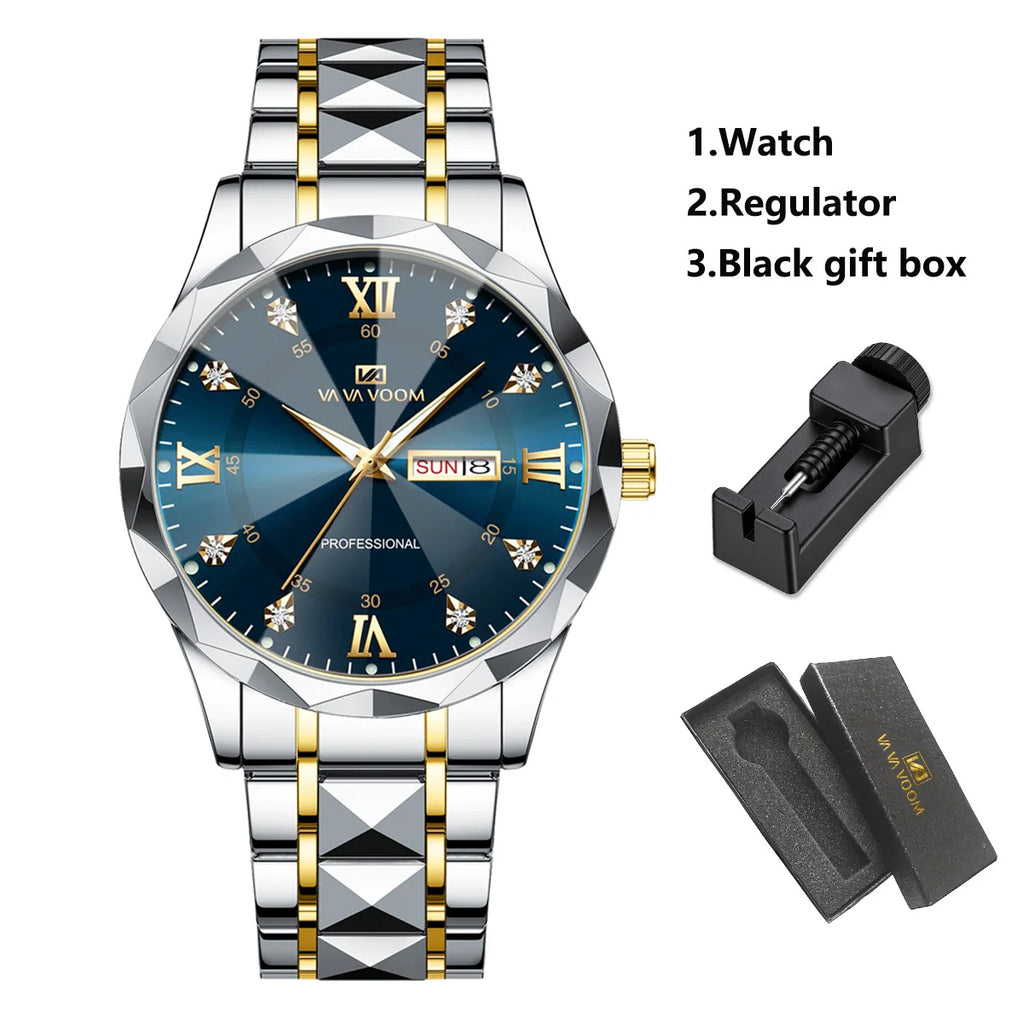 1 Set Mens Watches Local Shipping Luxury style 41mm Blue Dial Rhinestone Scale Calendar & Week Quartz Movement Men's Clock Stainless Steel Gradient Gold Strap Business Watch Men mbzr