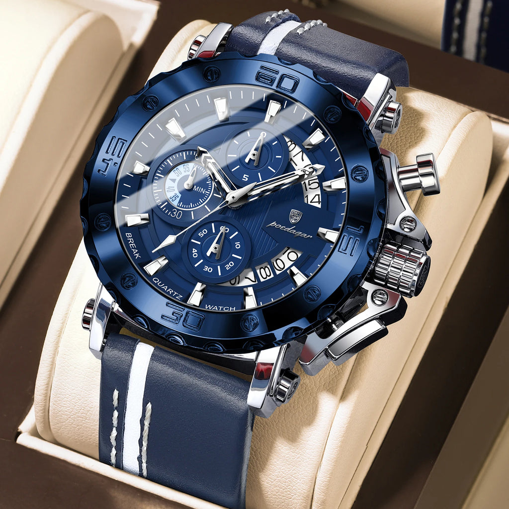 POEDAGAR Original Watches For Man Waterproof Luminous Date Fashion Male Clock Chronograph Leather Quartz Sports Men's Wristwatch Big Dial Male Reloj