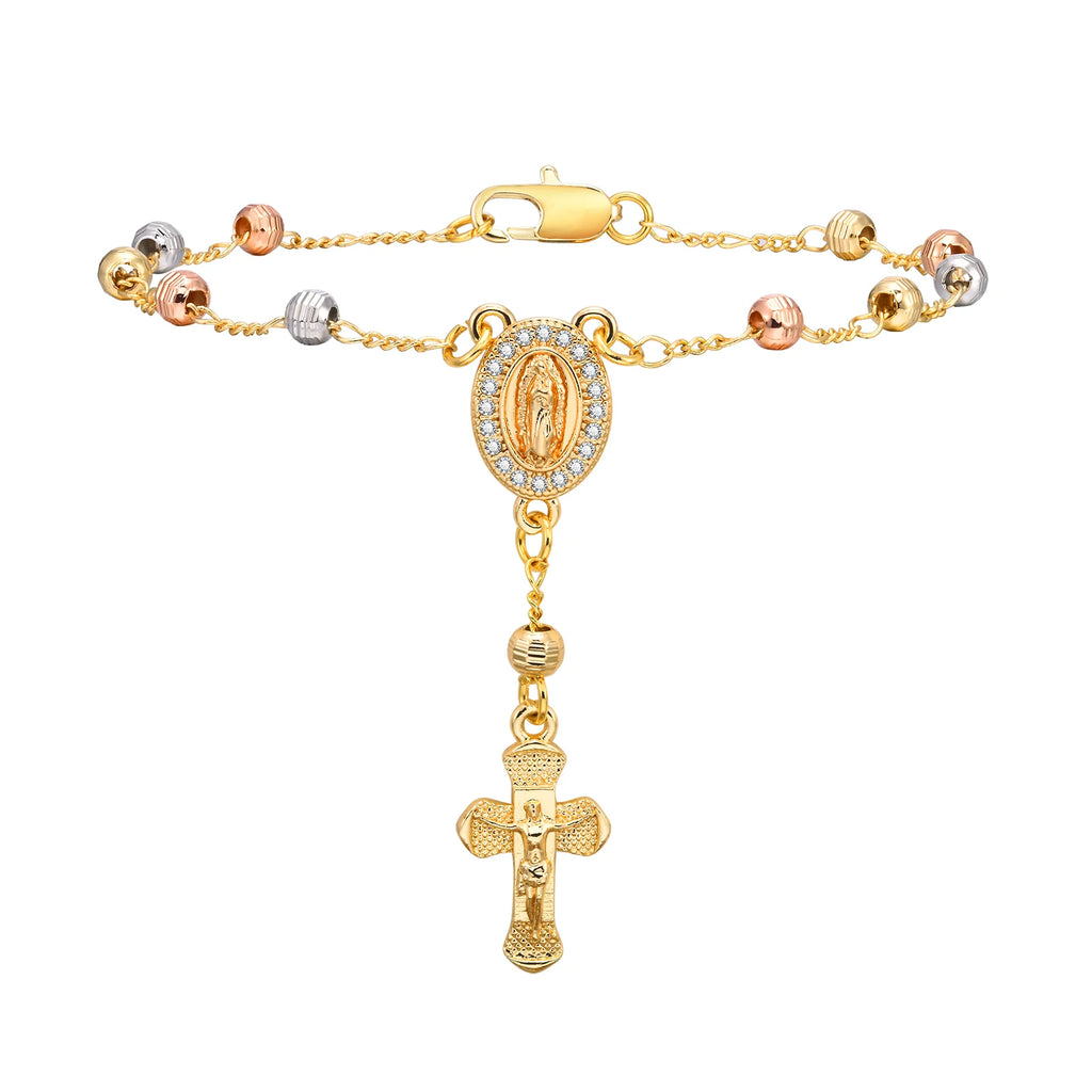 Virgin Mary Rosary Bead Cross Bracelet for Women, Tri-color Adjustable Chain Virgin of Guadalupe Bracelet Baptism Confirmation