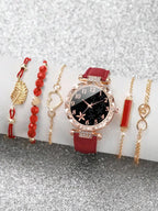 Women Fashionable Rhinestone-Accented Floral Dial Quartz Wristwatch And Heart Tree Leaf Bracelet Set (6pcs/Set) As A Gift For
