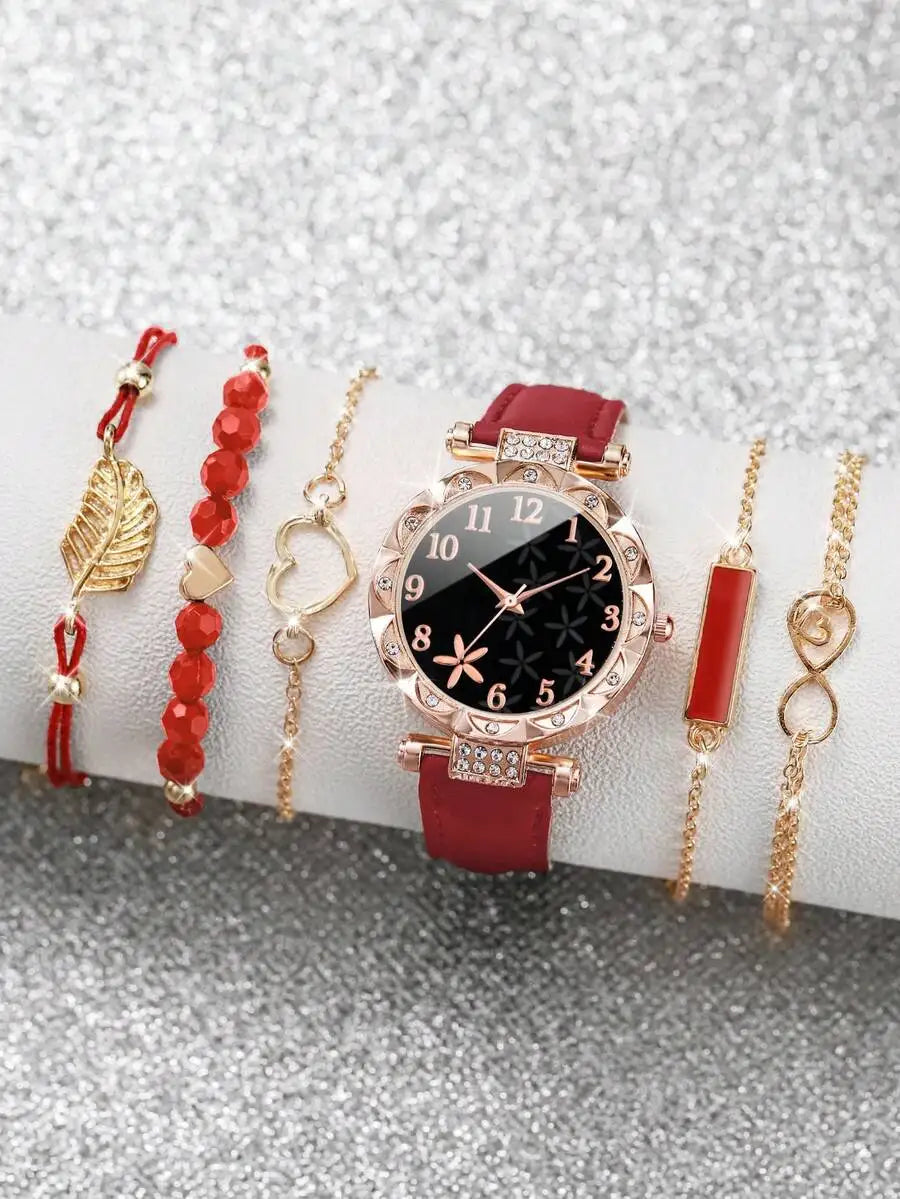 Women Fashionable Rhinestone-Accented Floral Dial Quartz Wristwatch And Heart Tree Leaf Bracelet Set (6pcs/Set) As A Gift For