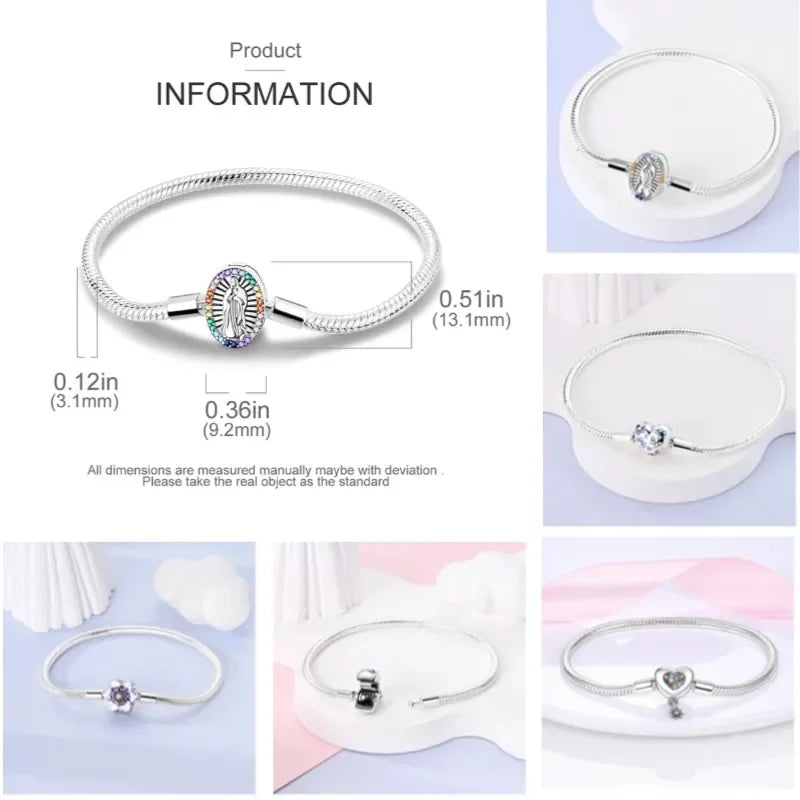 Silver 925 Bracelet Original Bracelets Colorful Zircon Heart Flower Cat Snake Chain For DIY Charms 17-20CM Luxury Jewelry Gifts mbzr