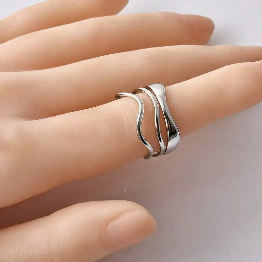 304 Stainless Steel Minimalist Ins Style Wave Design Ring, #9 Adjustable Open Cuff Hydraulic Ring, Unisex Cold Tone Diy Jewelry