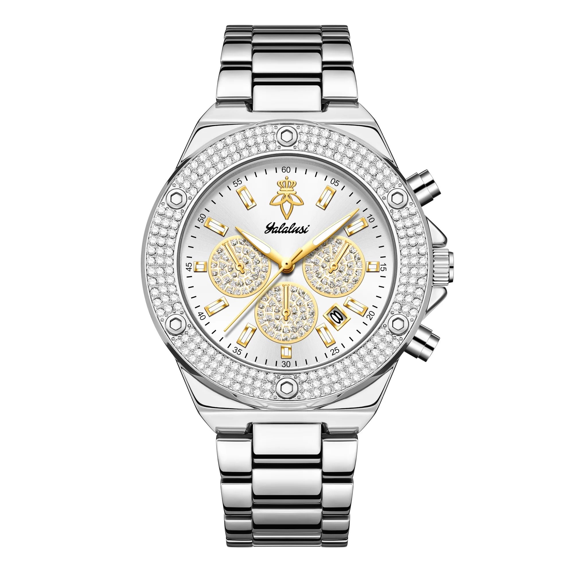 YaLaLuSi Men Women Fashion Watch, Waterproof Sports Bling Diamond Chronograph Wristwatch, Gold Band, Free Shipping