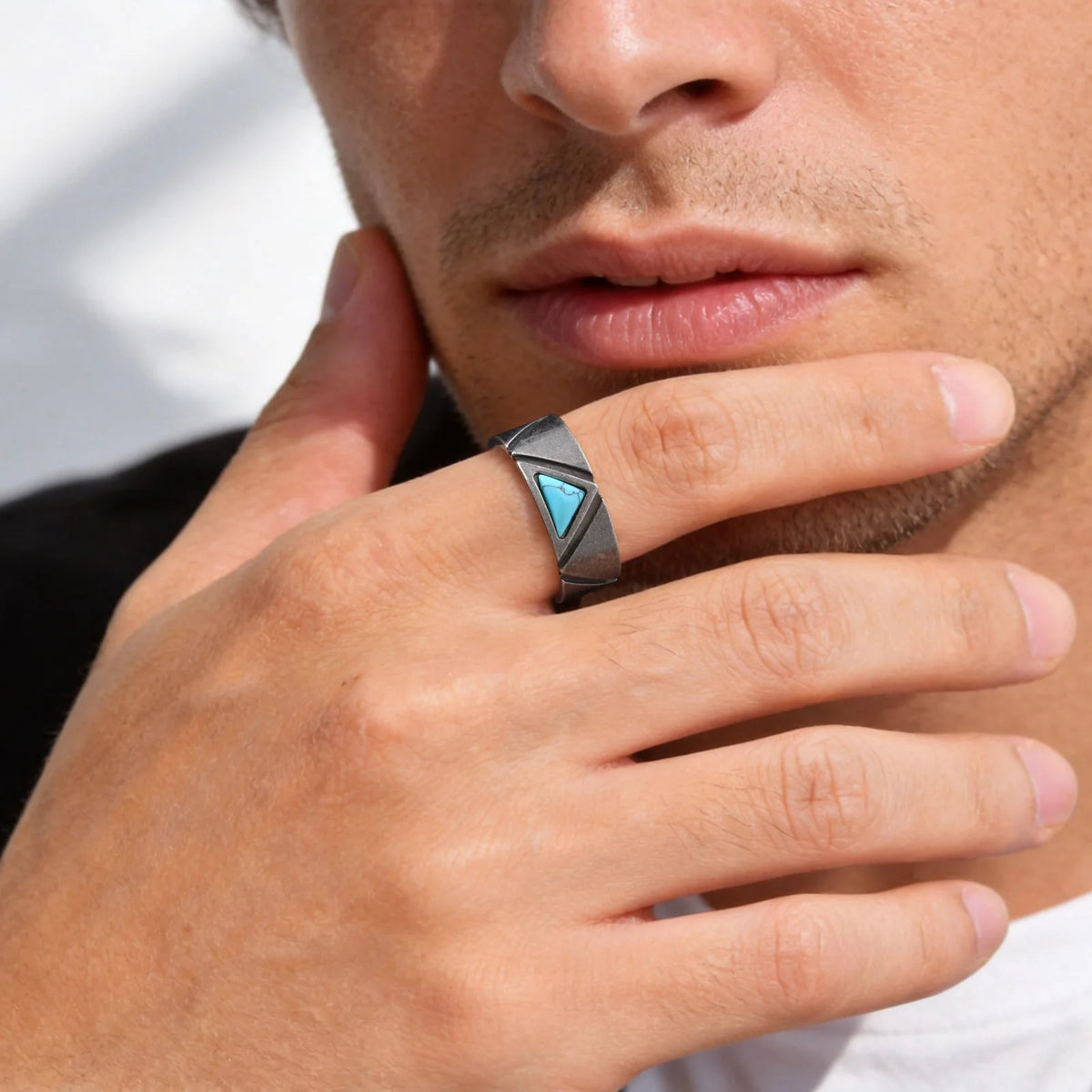 Vnox Retro Stainless Steel Men Ring, Triangle Turquoise Inlay Vintage Band, Hypoallergenic Jewelry