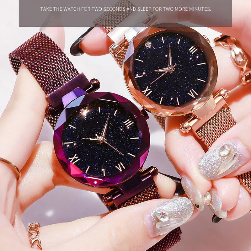 Womens Fashion Starry Sky Watches Magnet Buckle Mesh Belt Diamond Quartz Watch Women Dress Clock mbzr