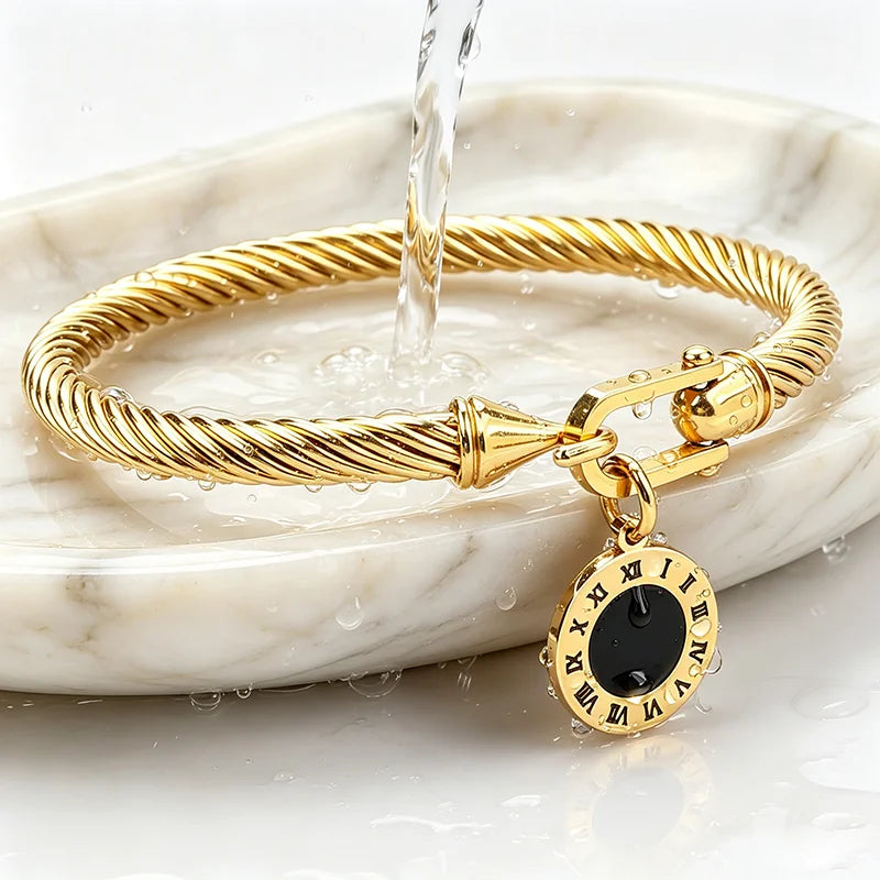 316L Stainless Steel Twisted Cable Bangle Roman Numeral Pendant Round Charm Bracelet Waterproof Hypoallergenic Fade Resistant Women Jewelry