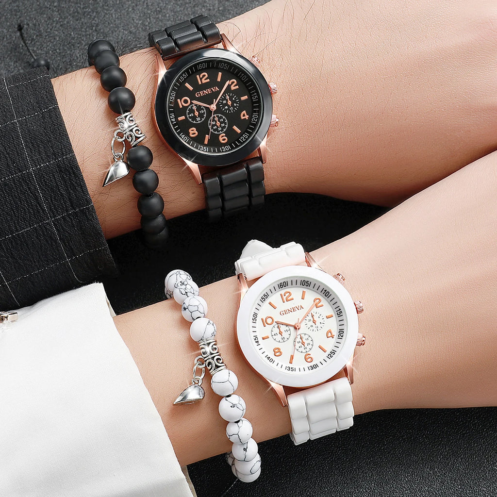 4PCS Couple Watches Fashion Arabic Women Quartz Watch Casual Silicone Band Wristwatches Magnet Heart-Shaped Bracelets Set mbzr