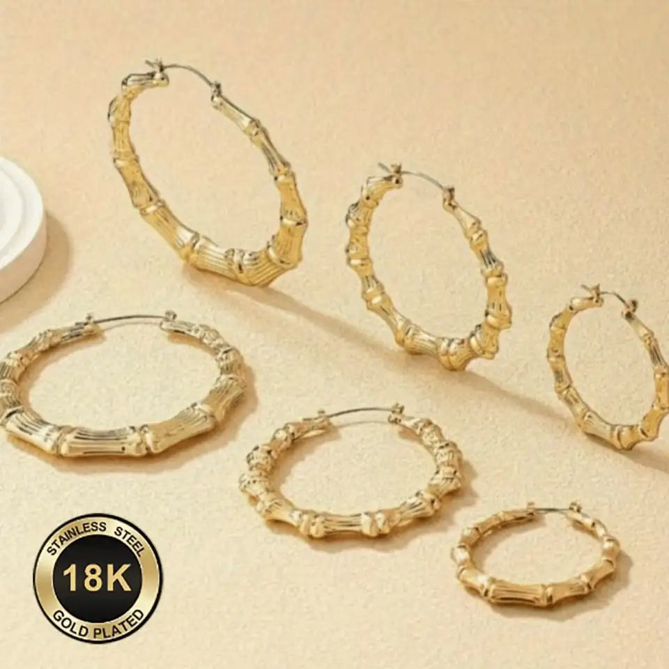 6-Piece 18K Stainless Steel Hypoallergenic Fashion Jewelry Set For Women: Featuring Unique Bamboo Hoop Earrings, This Set Is An Ideal Choice For Both Statement Looks And Everyday Wear. It Is Perfect For Daily Use, Vacations,