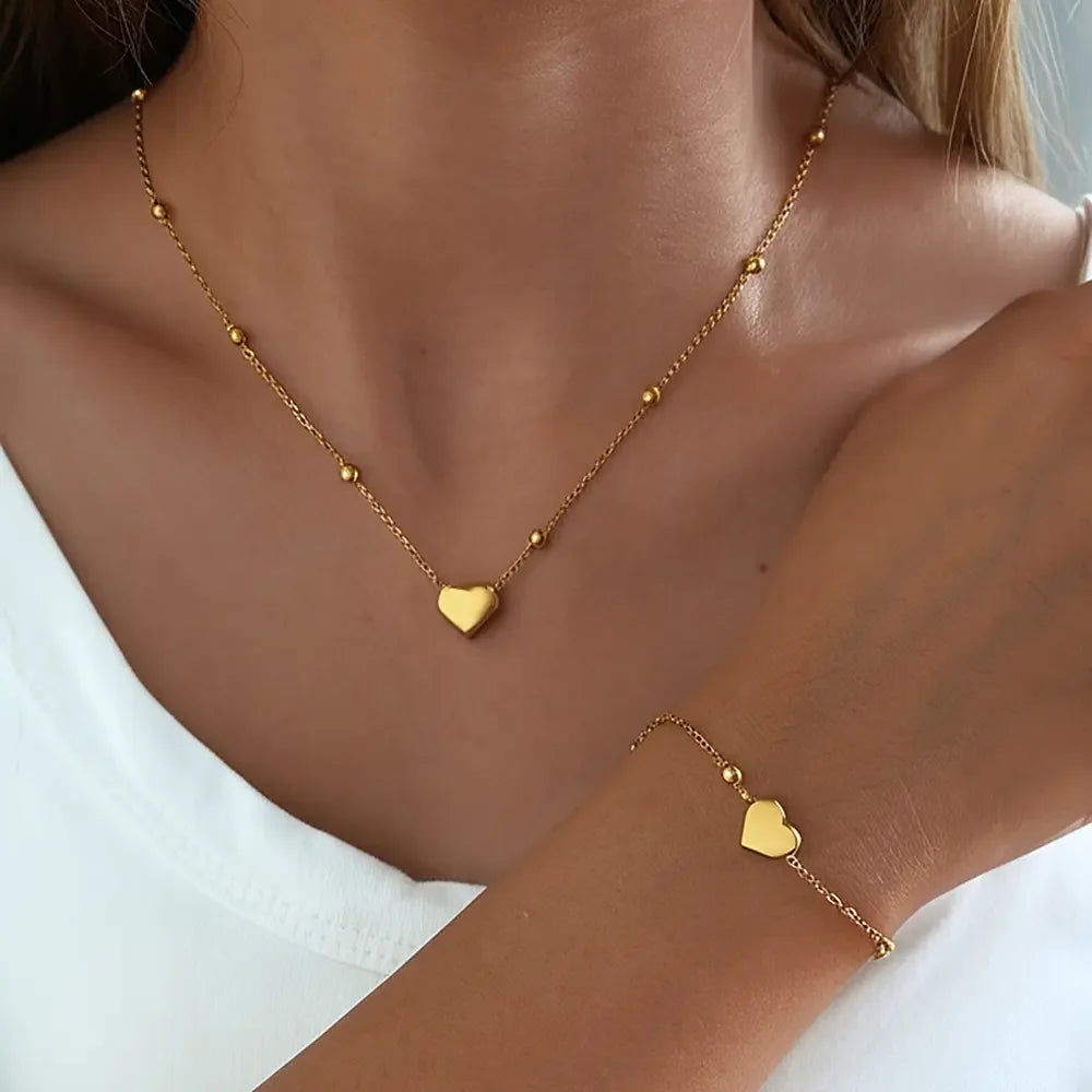 Stainless Steel Stereoscopic Heart Pendant Necklace Bracelet Jewelry Set Simple Fashion Commuter For Women Jewelry Gift