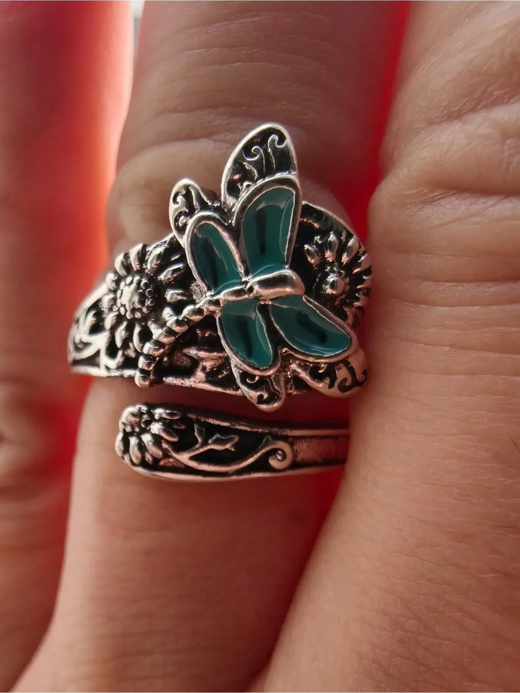 Retro Bohemian Style Silver Sunflower Ring, Vintage Rings, Boho Style Rings, Dragonfly/butterfly Spoon Ring, Ladies' Victorian Style Floral Jewelry, Party Gift, Anniversary Souvenir, Adjustable