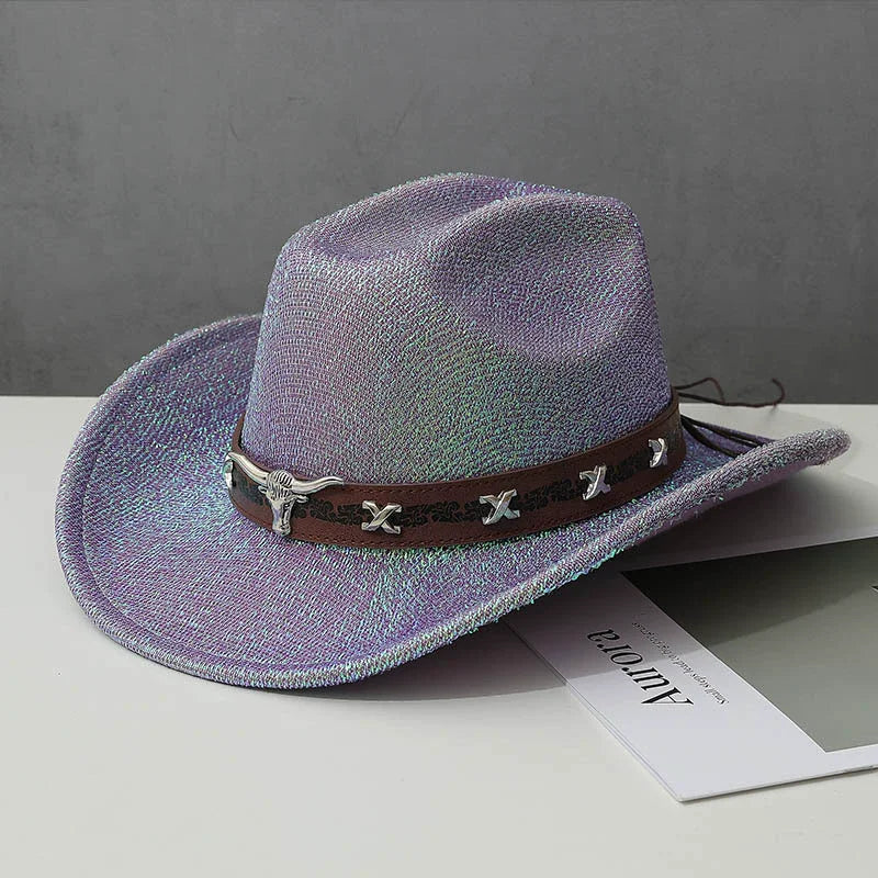 Western Style Glitter Cowgirl Hat with Shining Belt and Cow Head Decor for Outdoors