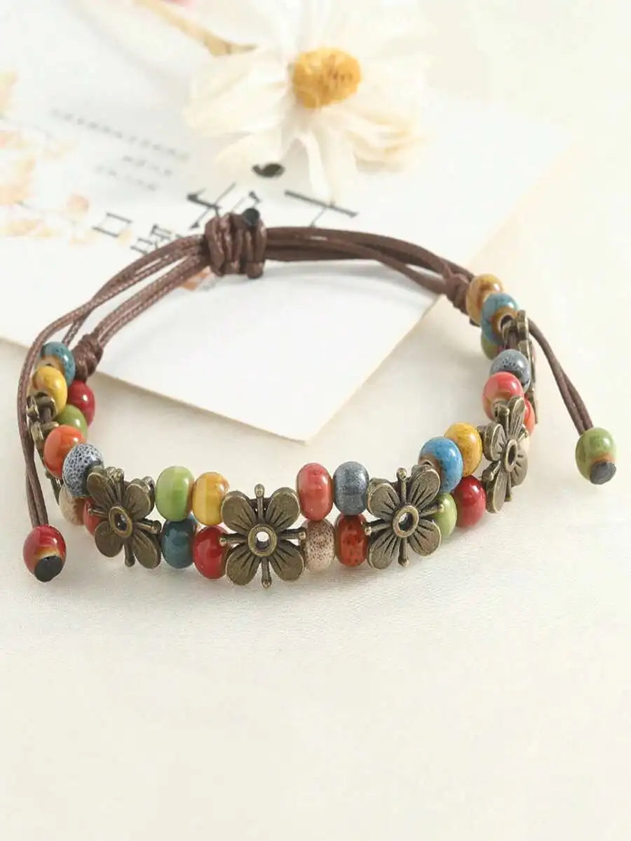 1Pc Vintage Bohemian Woven Leather Cord Bracelet For Women Girls, Handmade Colorful Beaded Bracelet With Flower Pendant Adjustable Knot, Boho Jewelry For Daily Party Dating Holiday Gift Accessory
