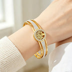 Tree Of Life Crystal Bangle For Women, Gold Stainless Steel Spring‑Open Bracelet, Waterproof Hypoallergenic Fade‑Resistant Inlay Crystal Statement Jewelry Gift
