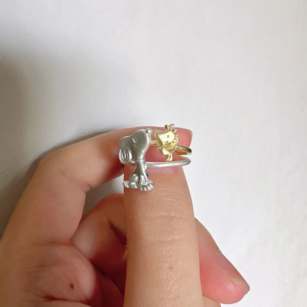 Snoopy woodstock stackable ring set peanuts cartoon adjustable open rings kawaii two tone couple matching jewelry gift