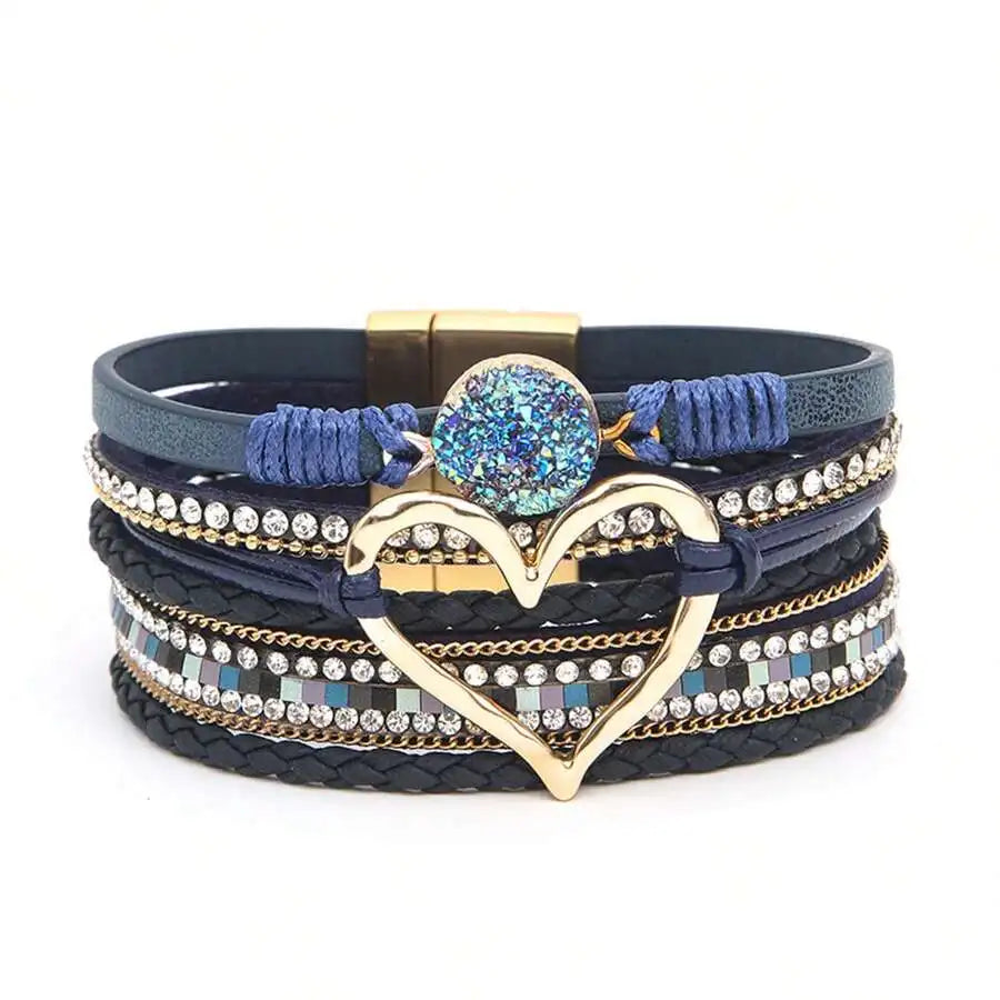 Layered PU Leather Heart Charm Wrap Bracelet With Magnetic Closure For Women, Boho Style, All Season Accessory mbzr