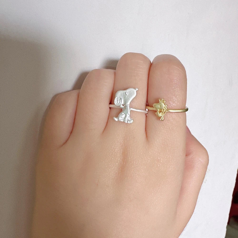 Snoopy woodstock stackable ring set peanuts cartoon adjustable open rings kawaii two tone couple matching jewelry gift