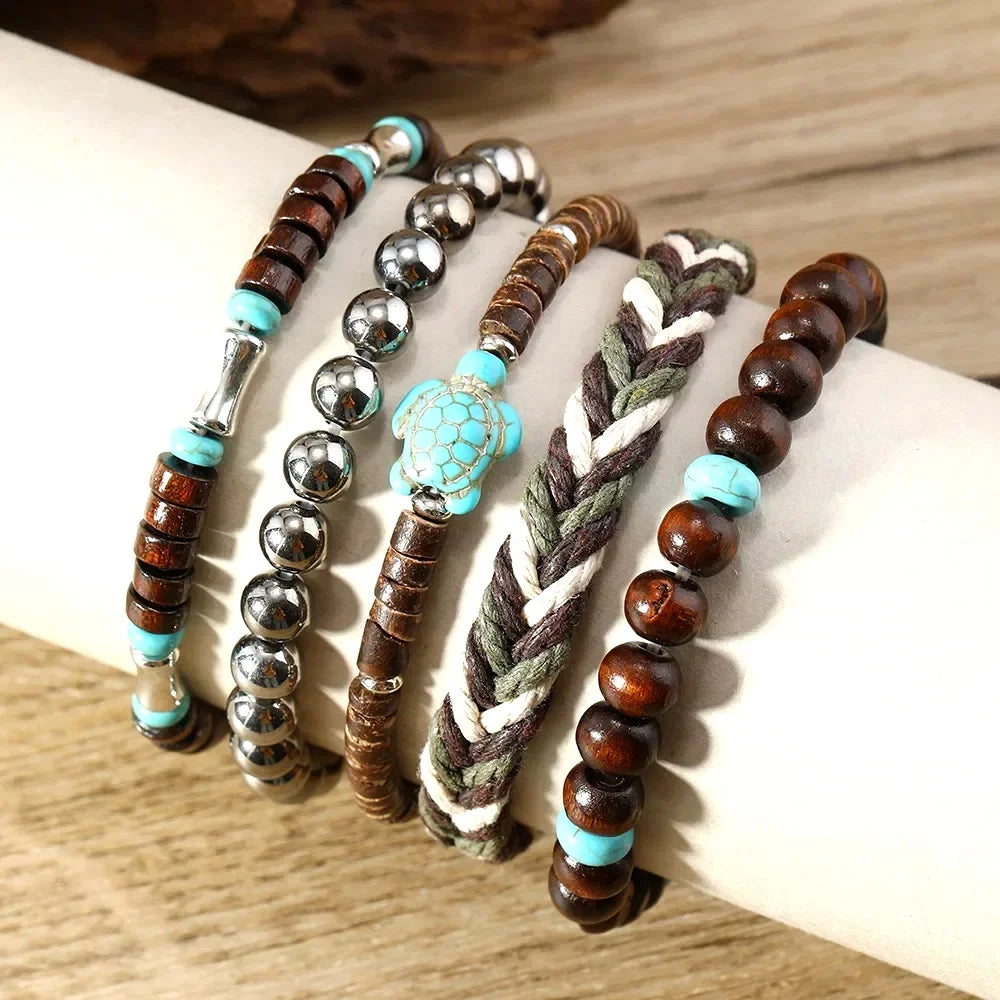 5-piece Bohemian Sea Turtle Vintage Wooden Shell Wax Rope Woven Bracelet Set
