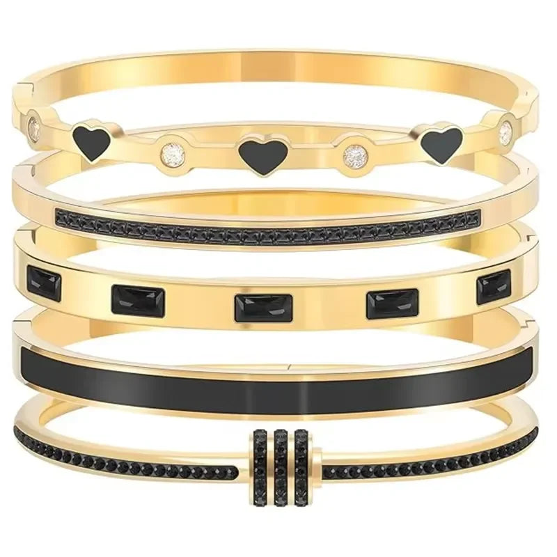 Stainless Steel Luxury 18K Gold Plated Bangles Bracelets Stackable Women's Bangle Bracelet Black Love Heart Fashion Jewelry