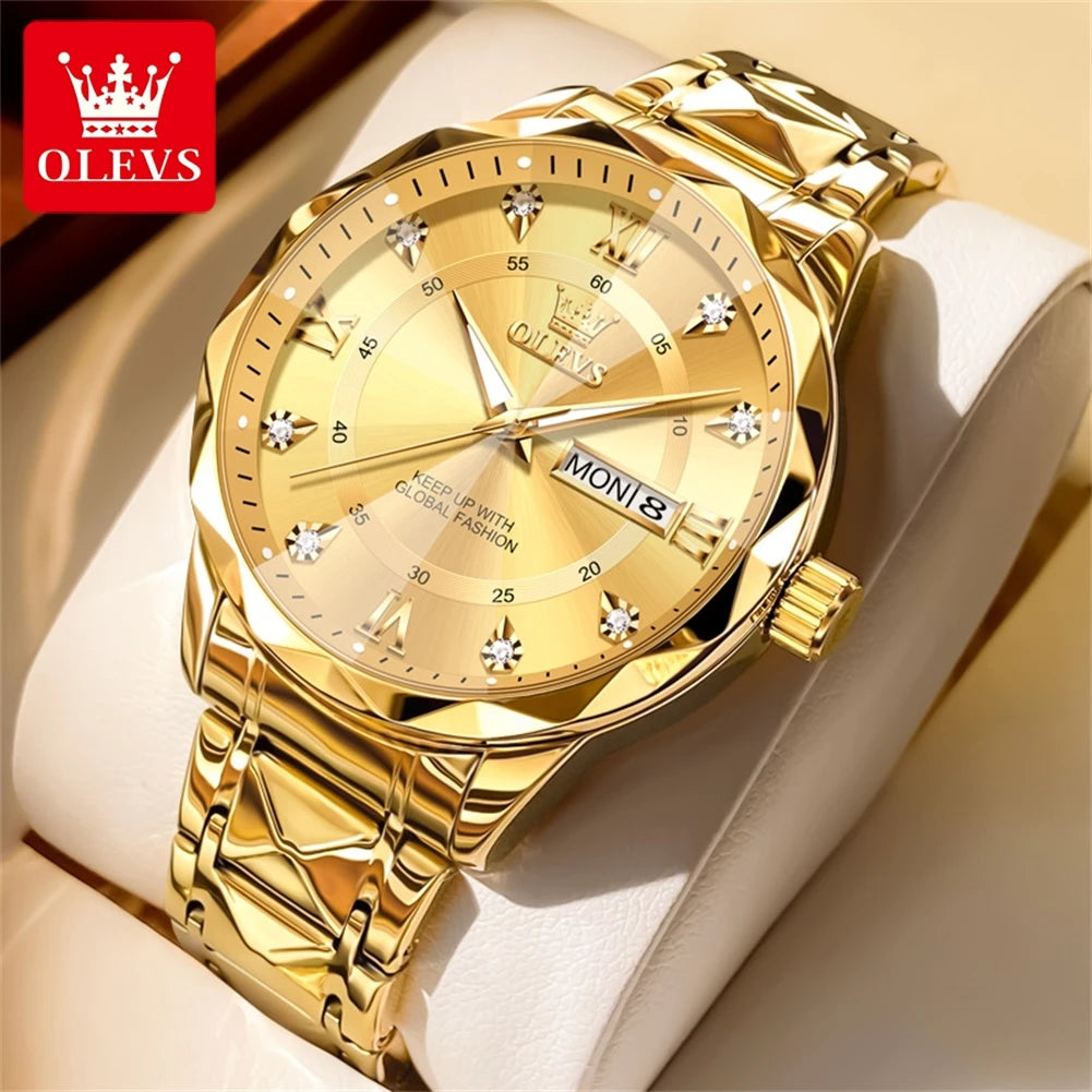 OLEVS 5609 Brand Original Quartz Movement Watch For Men Big Diamond Dual Calendar Dial Steel Bracelet HD Luminous Function 30m Waterproof Watch