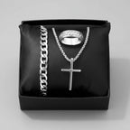 Men's Stainless Steel Jewelry Set: Cross Pendant Necklace + Cuban Link Bracelet + Engraved Band Ring - Fashion Hip Hop Accessori mbzr