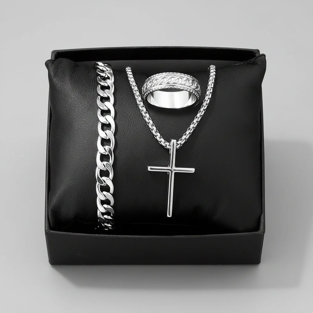 Men's Stainless Steel Jewelry Set: Cross Pendant Necklace + Cuban Link Bracelet + Engraved Band Ring - Fashion Hip Hop Accessori mbzr