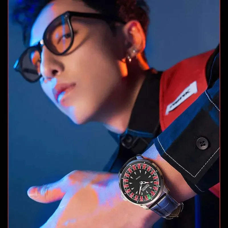 Mark Fairwhale Casual Leather Strap Dial Rotatable Roulette Watch Dial Men's Wristwatch Quartz Fashion Wristwatch Wrist Watches for Man