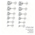 6pairs/set  Mixed Size 3‑8MM Cubic Zirconia Stud Earrings Set 316L Stainless Steel Hypoallergenic Waterproof Earring Gift for Sensitive Ears