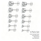 6pairs/set  Mixed Size 3‑8MM Cubic Zirconia Stud Earrings Set 316L Stainless Steel Hypoallergenic Waterproof Earring Gift for Sensitive Ears