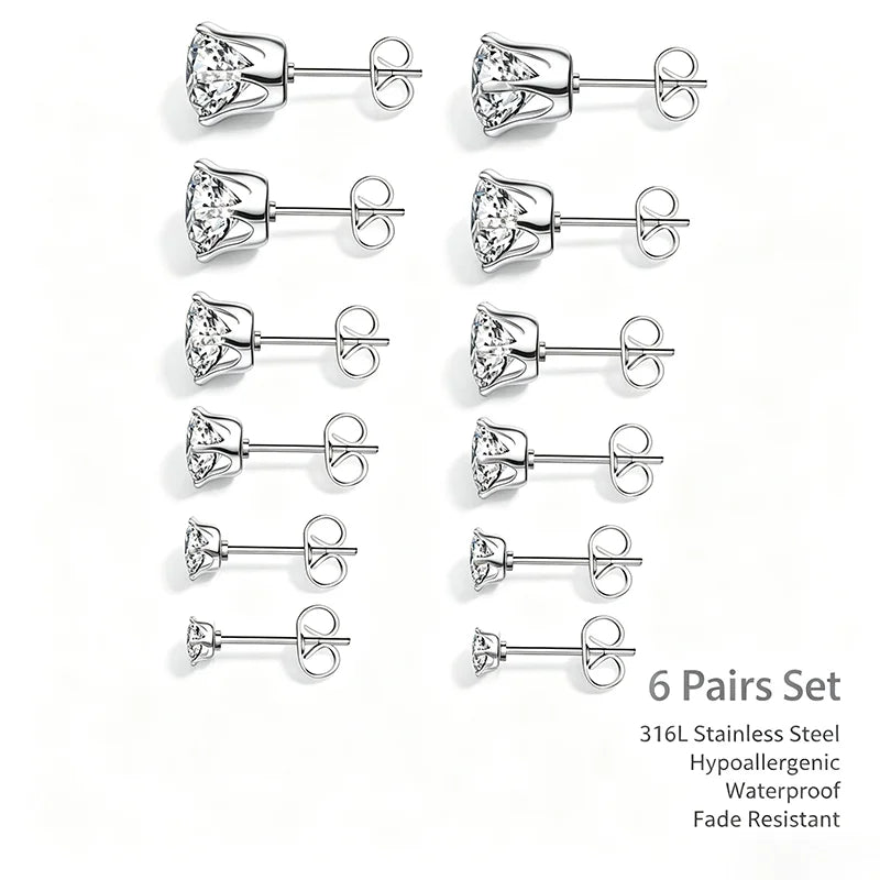 6pairs/set  Mixed Size 3‑8MM Cubic Zirconia Stud Earrings Set 316L Stainless Steel Hypoallergenic Waterproof Earring Gift for Sensitive Ears