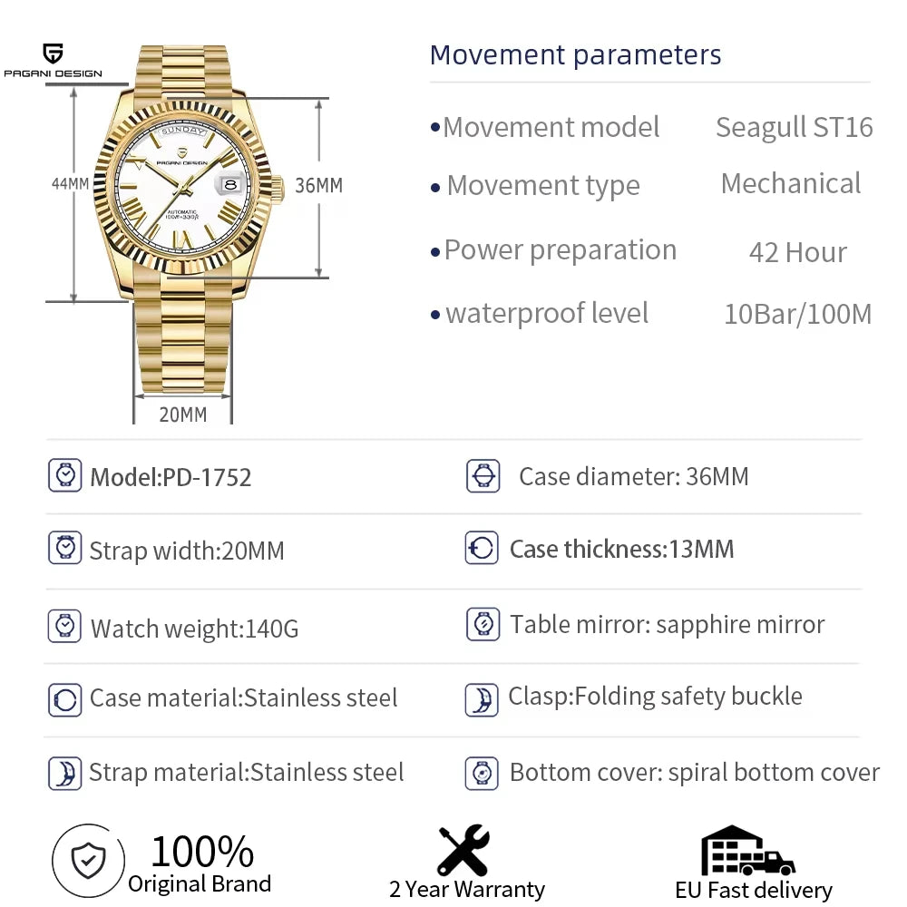 New DD36 Men's Watches PAGANI DESIGN Luxury Gold Automatic Watch Men AR Sapphire Glass Mechanical Wristwatch Men 10Bar ST16 Movt