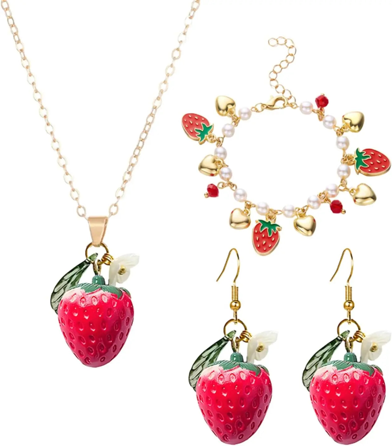 coadipress Strawberry Jewelry Set Red Strawberry Earrings Necklace Bracelet for Women Cute Lifelike Food Fruit Charm Jewelry Birthday Gifts