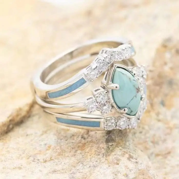 3 PCS Natural Turquoise Diamond Ring Set - Western Jewelry Silver Color Rings for Women - Bohemian Joint Knuckle Finger Rings With Sparkling Natural Gemstone